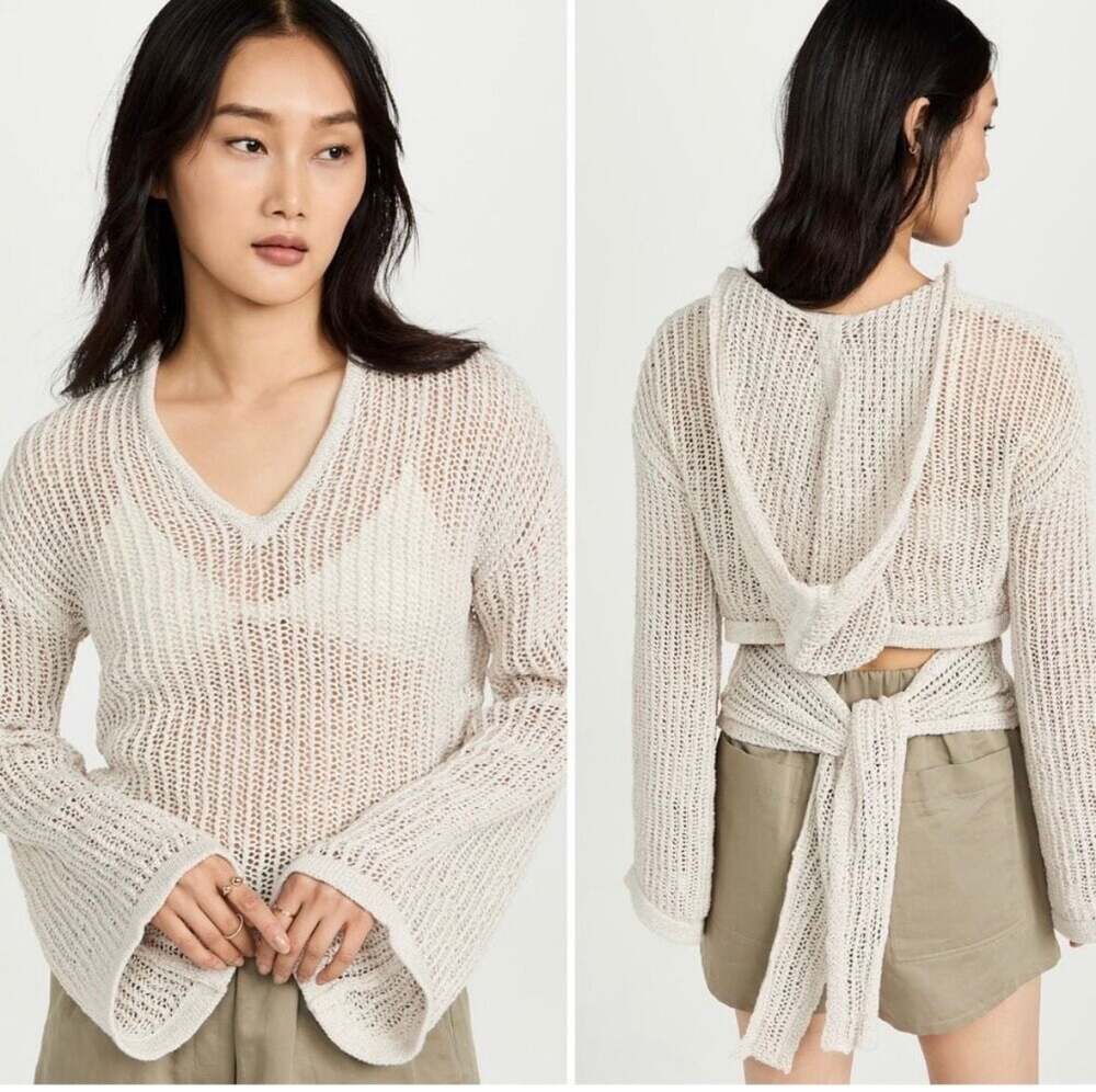 Cult Gaia Catherine Hooded Open Knit Tie-Back Sweater, Size S